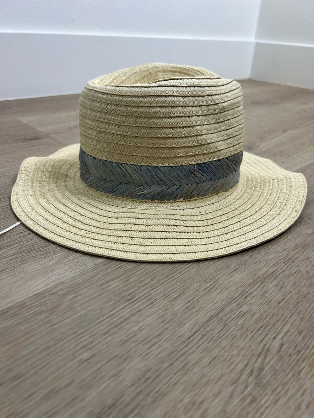 Eliza May Straw 100% Paper Straw Fedora Hat Blue Trim